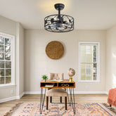16.5 in Small Low Profile Ceiling Fan with Light,Caged Ceiling Fan with Light and Remote,6 Speed and Reversible Farmhouse Bladeless Flush Mount Ceiling Fan for Bedroom, Kitchen